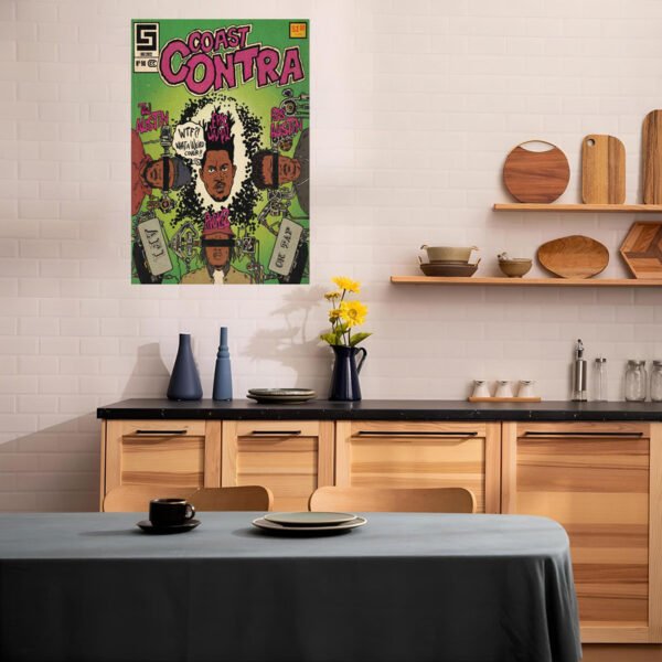 Vintage Coast Contra comic book wall art displayed in modern Scandinavian kitchen with wood cabinets and floating shelves.