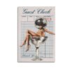 Vintage guest check canvas art featuring glamorous woman with disco ball head sitting in martini glass, perfect retro dining and bar decor.