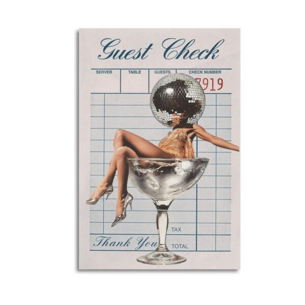 Vintage guest check canvas art featuring glamorous woman with disco ball head sitting in martini glass, perfect retro dining and bar decor.