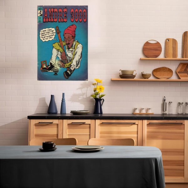 Andre 3000 vintage comic poster displayed in modern Scandinavian kitchen with wood cabinets and open shelving