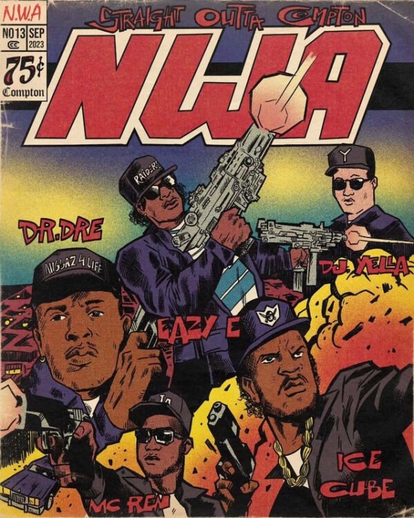 Vintage hip-hop comic book poster featuring retro comic book style artwork with bold typography and colorful character illustrations