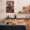 Vintage hip-hop comic book poster displayed as wall art in modern Scandinavian kitchen with wood cabinets and black countertops
