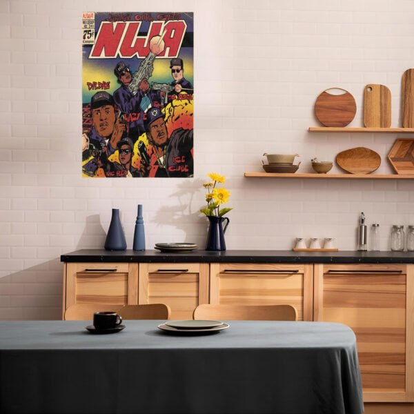 Vintage hip-hop comic book poster displayed as wall art in modern Scandinavian kitchen with wood cabinets and black countertops