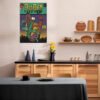 Vintage hip hop comic book poster displayed as kitchen wall art in modern Scandinavian-style kitchen with wood cabinets