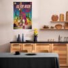 Slick Rick vintage comic book poster displayed as wall art in modern Scandinavian kitchen with wood cabinets and contemporary design elements.