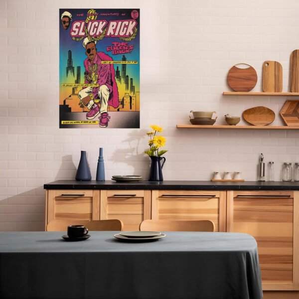 Slick Rick vintage comic book poster displayed as wall art in modern Scandinavian kitchen with wood cabinets and contemporary design elements.