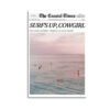 Vintage newspaper art print "Surf's Up, Cowgirl" featuring pink sunset seascape from The Coastal Times