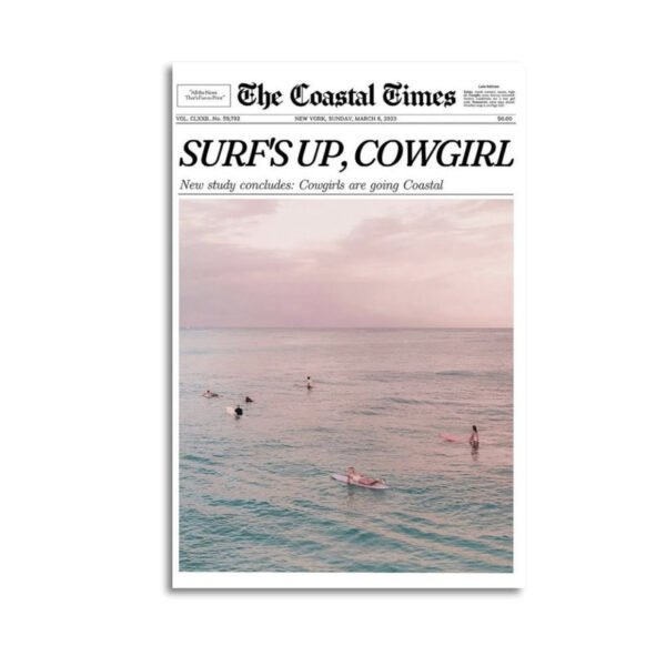 Vintage newspaper art print "Surf's Up, Cowgirl" featuring pink sunset seascape from The Coastal Times
