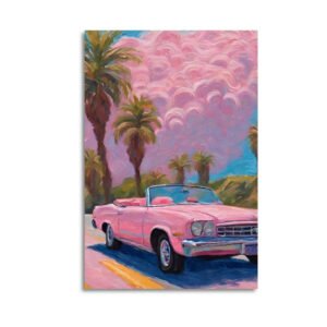 Vintage pink convertible canvas wall art featuring classic car on desert highway with palm trees and dreamy pink sunset sky.
