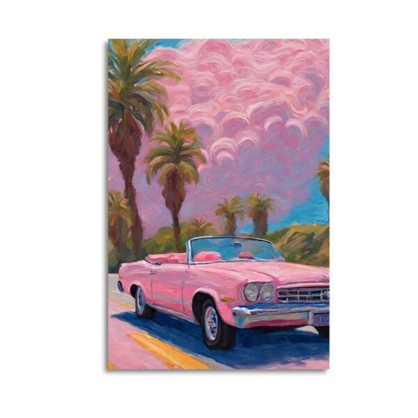 Vintage pink convertible canvas wall art featuring classic car on desert highway with palm trees and dreamy pink sunset sky.