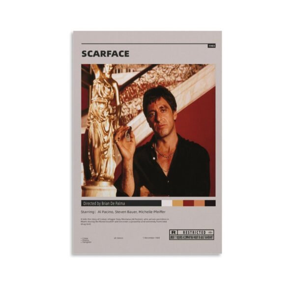 Vintage Scarface 1983 movie poster featuring Al Pacino as Tony Montana in minimalist design with clean typography and luxury interior setting.