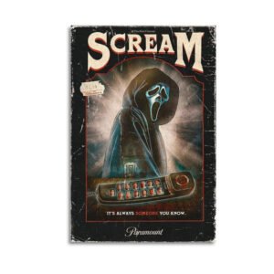 Vintage Scream movie poster with distressed edges featuring Ghostface killer, retro telephone, and cast portraits in authentic 90s horror style