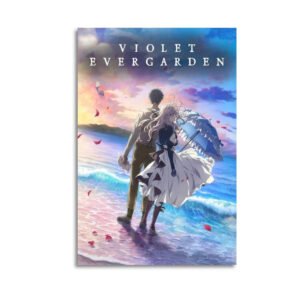 Violet Evergarden romantic canvas art featuring Violet and Gilbert walking on beach at sunset with rose petals and vibrant sky colors, perfect anime wall decor for fans.