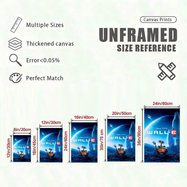 WALL-E canvas print size reference chart showing unframed dimensions from 8in to 24in with quality specifications.