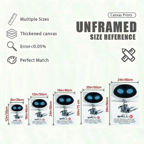 WALL-E canvas print size reference chart showing five different dimensions from 8 inches to 24 inches with quality specifications.