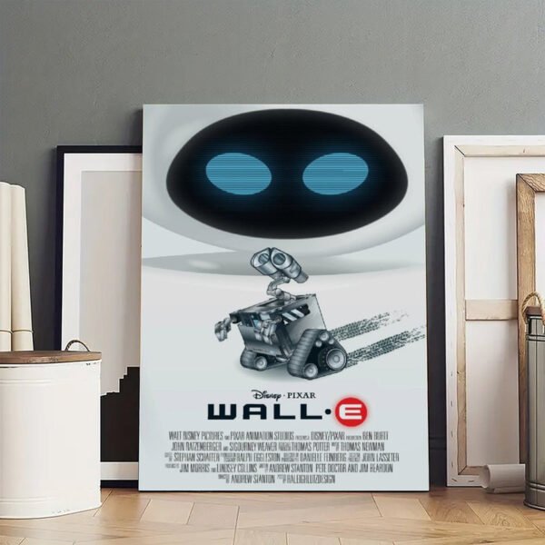 WALL-E Disney Pixar movie poster with blue-eyed robot character displayed in modern interior setting with framed artwork.