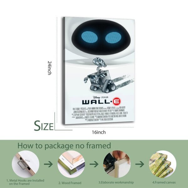 WALL-E Disney Pixar framed canvas print showing 16-inch and 24-inch sizes with step-by-step packaging and framing process demonstration.