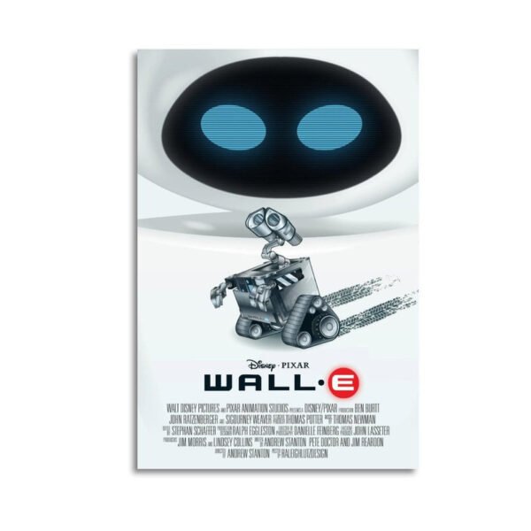WALL-E Disney Pixar movie poster featuring the robot characters WALL-E and EVE with blue glowing effects on white background.