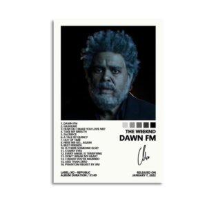 The Weeknd Dawn FM album poster featuring artist portrait with blue hair and complete 16-track listing, released January 7, 2022 on XO Republic label.