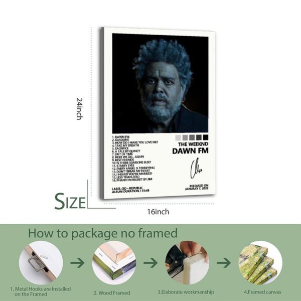 The Weeknd Dawn FM framed canvas print 16x24 inches with complete track listing and packaging process demonstration showing metal hooks and wood frame installation.