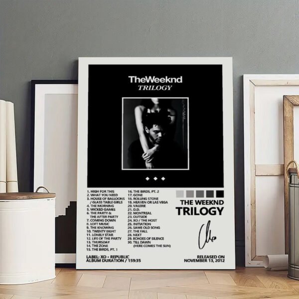 Framed The Weeknd Trilogy poster print with complete 30-song tracklist displayed as premium wall art in modern interior setting.