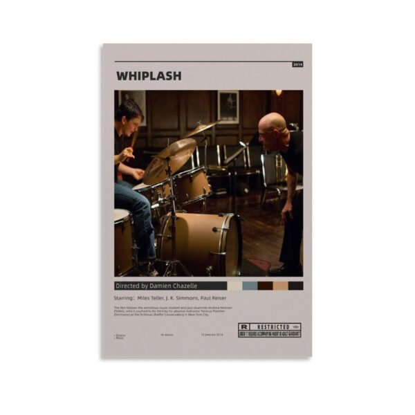 Whiplash 2014 movie poster featuring Miles Teller and J.K. Simmons in acclaimed jazz music drama directed by Damien Chazelle