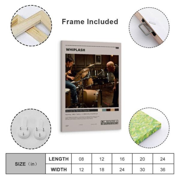 Whiplash movie poster product display showing framed artwork with size specifications, frame construction details, and hanging hardware included