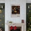 Whiplash movie poster displayed above white marble fireplace in elegant holiday living room with Christmas tree and green accent walls