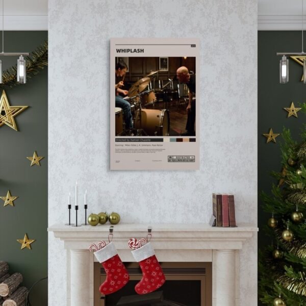 Whiplash movie poster displayed above white marble fireplace in elegant holiday living room with Christmas tree and green accent walls
