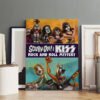 Woman hanging Scooby-Doo and KISS Rock and Roll Mystery canvas print on gallery wall in modern home interior with eclectic art collection.