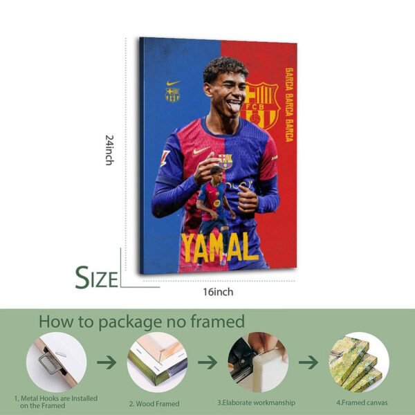 16x24 inch Yamal Barcelona framed canvas print with professional wood framing and metal hanging hooks installation process