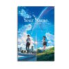 Your Name anime canvas print featuring Taki and Mitsuha with comet trail connecting urban and rural landscapes in vibrant blue sky artwork.