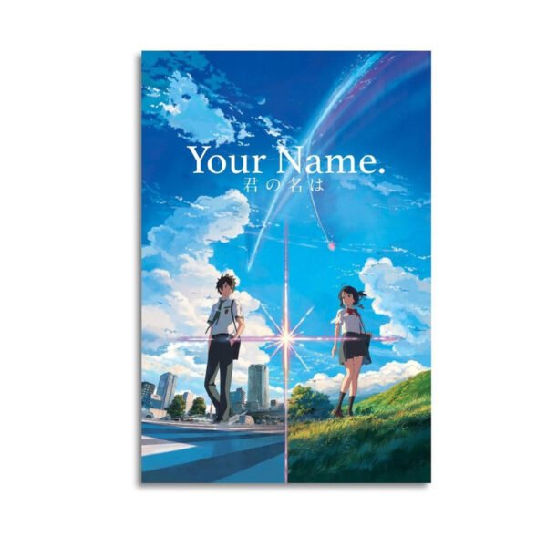 Your Name anime canvas print featuring Taki and Mitsuha with comet trail connecting urban and rural landscapes in vibrant blue sky artwork.