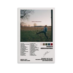 Zach Bryan American Heartbreak album poster with complete 34-song track listing and rural landscape artwork for country music fans