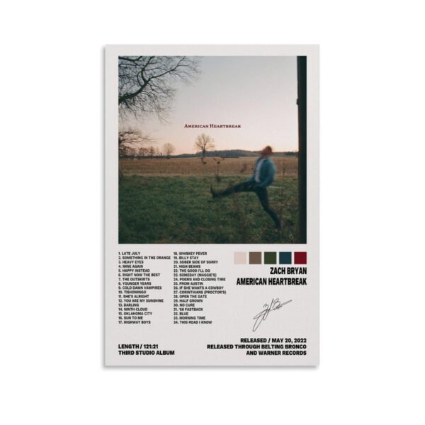 Zach Bryan American Heartbreak album poster with complete 34-song track listing and rural landscape artwork for country music fans