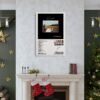 Zach Bryan Elisabeth album poster displayed above Christmas fireplace mantel with holiday decorations and warm lighting