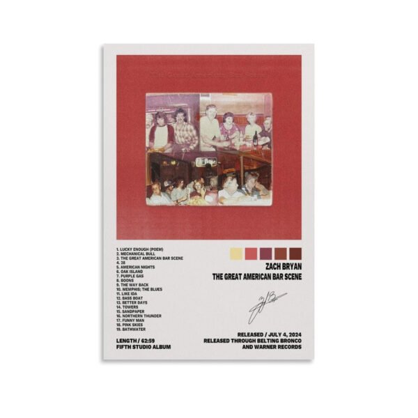 Zach Bryan The Great American Bar Scene album poster featuring vintage bar photographs on red background with complete track listing and album details