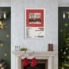 Zach Bryan The Great American Bar Scene poster displayed above fireplace mantel in festive Christmas living room with holiday decorations